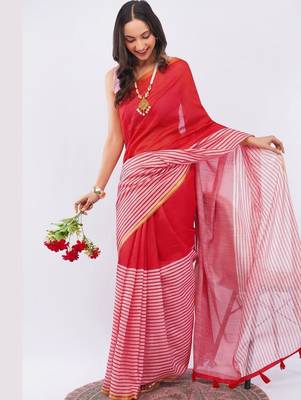Red linen striped saree with blouse 3