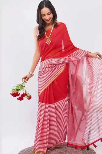 Red linen striped saree with blouse