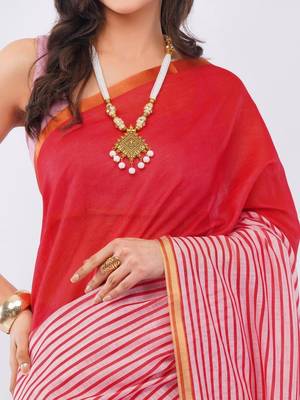 Red linen striped saree with blouse 4