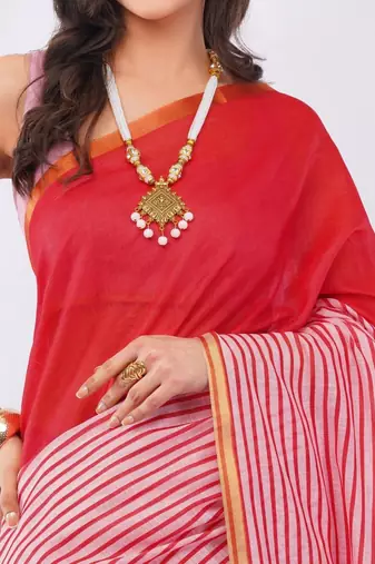 Red linen striped saree with blouse