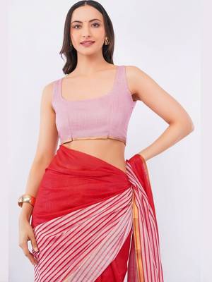 Red linen striped saree with blouse 5