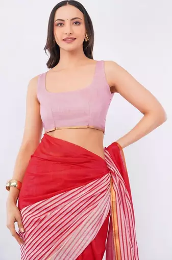 Red linen striped saree with blouse