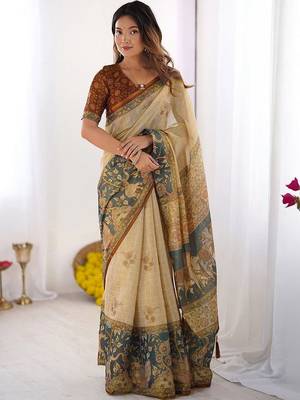 Gold polyester printed saree with blouse 1