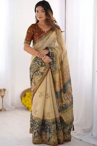 Gold polyester printed saree with blouse