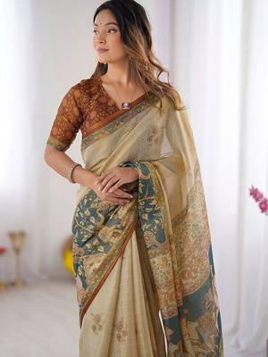 Gold polyester printed saree with blouse 2