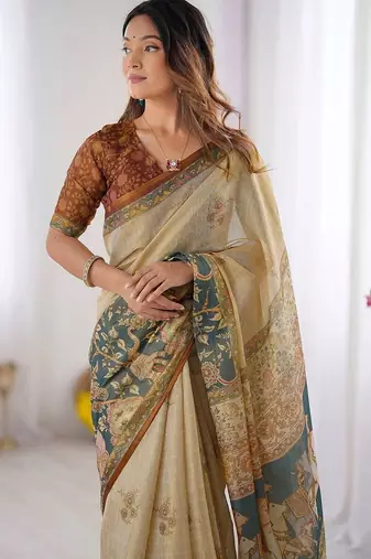 Gold polyester printed saree with blouse