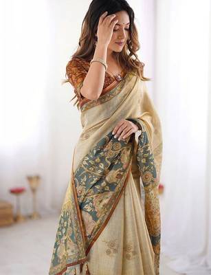 Gold polyester printed saree with blouse 3