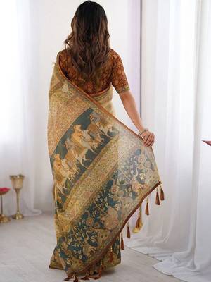 Gold polyester printed saree with blouse 4