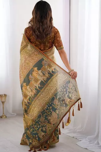 Gold polyester printed saree with blouse