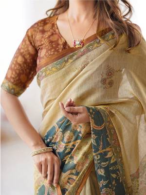 Gold polyester printed saree with blouse 5