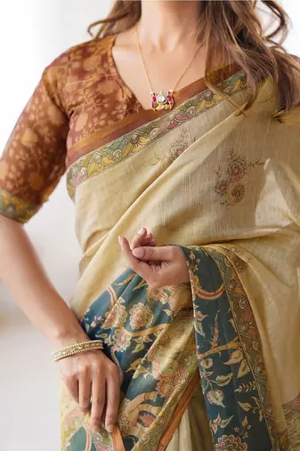 Gold polyester printed saree with blouse