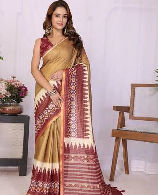 Gold linen printed saree with blouse 1