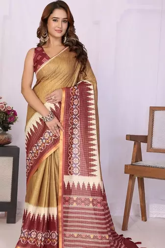 Gold linen printed saree with blouse