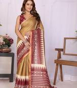 Gold linen printed saree with blouse