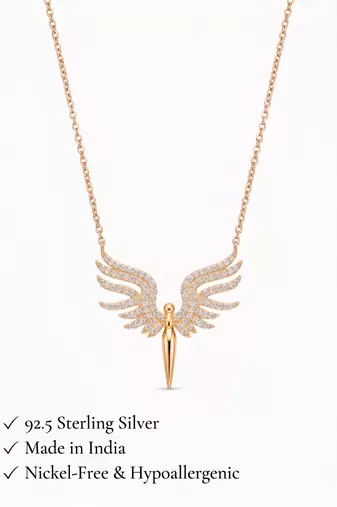 925 Sterling Silver Rose Gold  Angel Wings Pendant Necklace Set  for Women