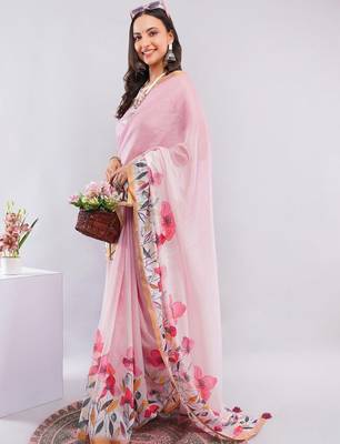 Pink linen printed saree with blouse 1