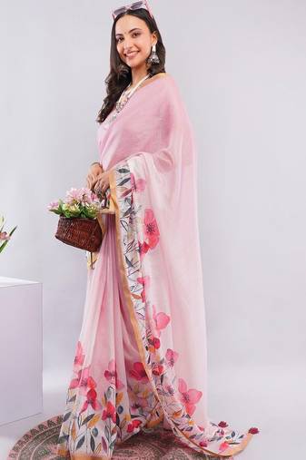 Pink linen printed saree with blouse