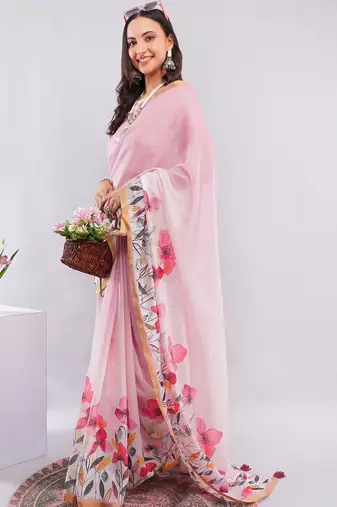 Pink linen printed saree with blouse