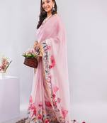 Pink linen printed saree with blouse