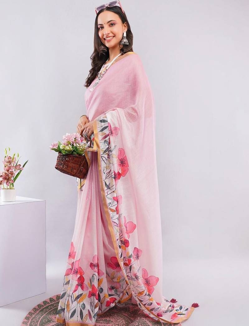 Pink linen printed saree with blouse
