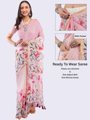 Pink linen printed saree with blouse 2
