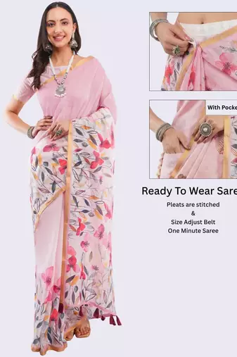 Pink linen printed saree with blouse