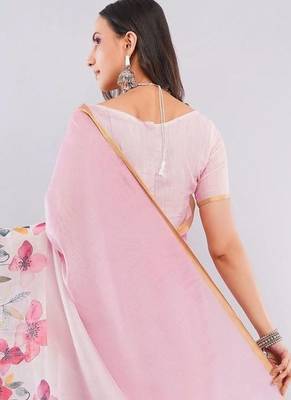 Pink linen printed saree with blouse 3