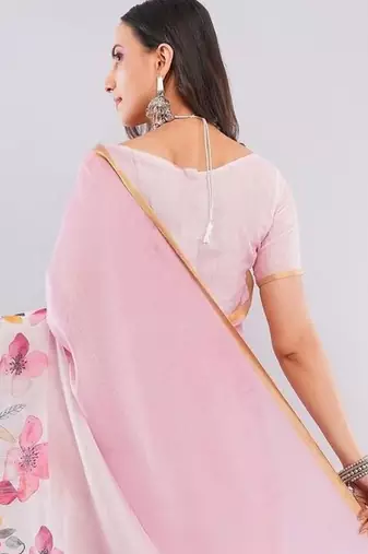 Pink linen printed saree with blouse