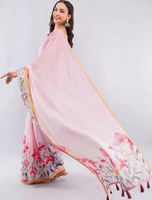 Pink linen printed saree with blouse 4