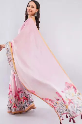 Pink linen printed saree with blouse