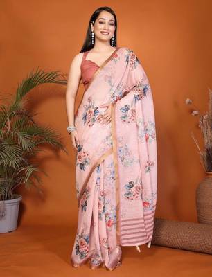 Pink linen printed saree with blouse 1