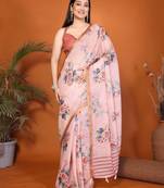 Pink linen printed saree with blouse
