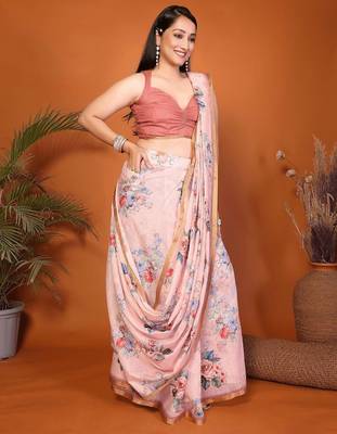 Pink linen printed saree with blouse 2