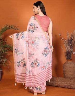 Pink linen printed saree with blouse 3