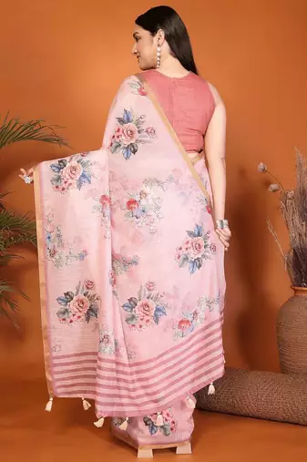 Pink linen printed saree with blouse