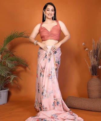 Pink linen printed saree with blouse 4