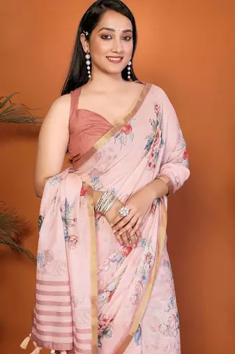 Pink linen printed saree with blouse
