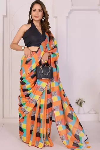 Multicolor linen printed saree with blouse
