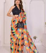 Multicolor linen printed saree with blouse