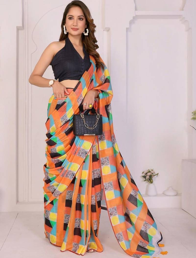 Multicolor linen printed saree with blouse