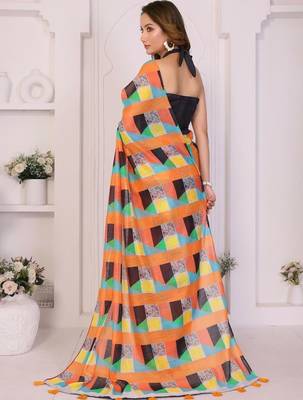 Multicolor linen printed saree with blouse 5
