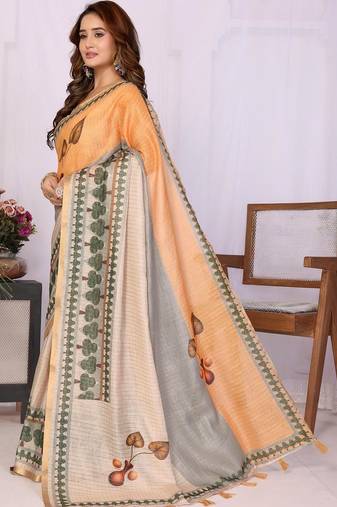 Orange linen  saree with blouse