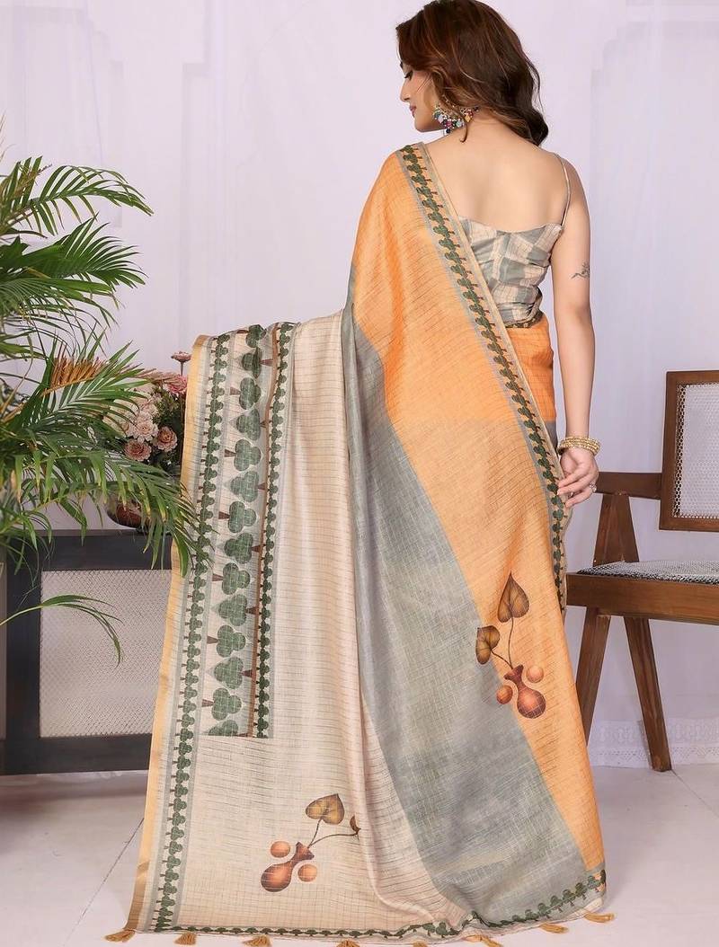 Orange linen  saree with blouse
