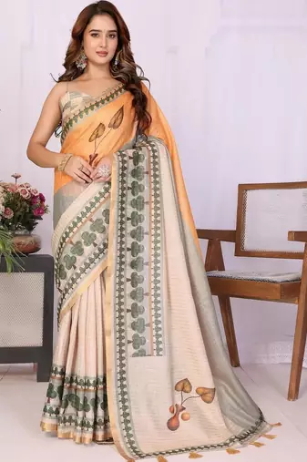 Orange linen  saree with blouse