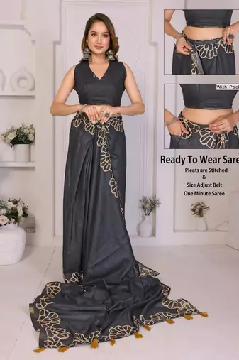 Charcoal linen printed saree with blouse