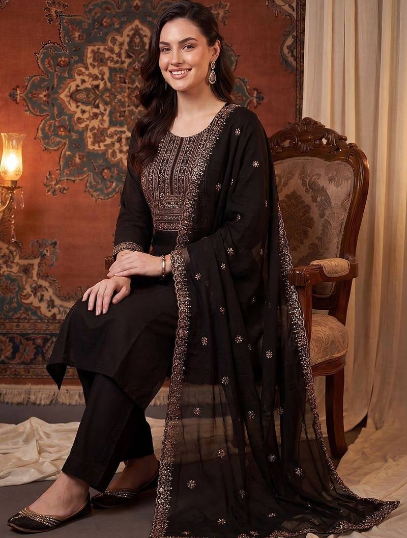 Women Ethnic Motifs Embroidered Regular Kurta with Palazzos & With Dupatta
