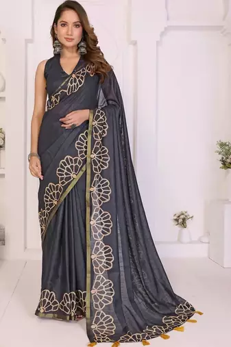 Charcoal linen printed saree with blouse