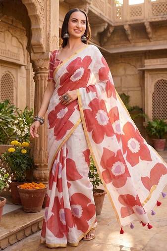 Off white linen printed saree with blouse