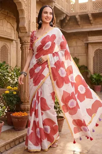 Off white linen printed saree with blouse