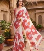 Off white linen printed saree with blouse